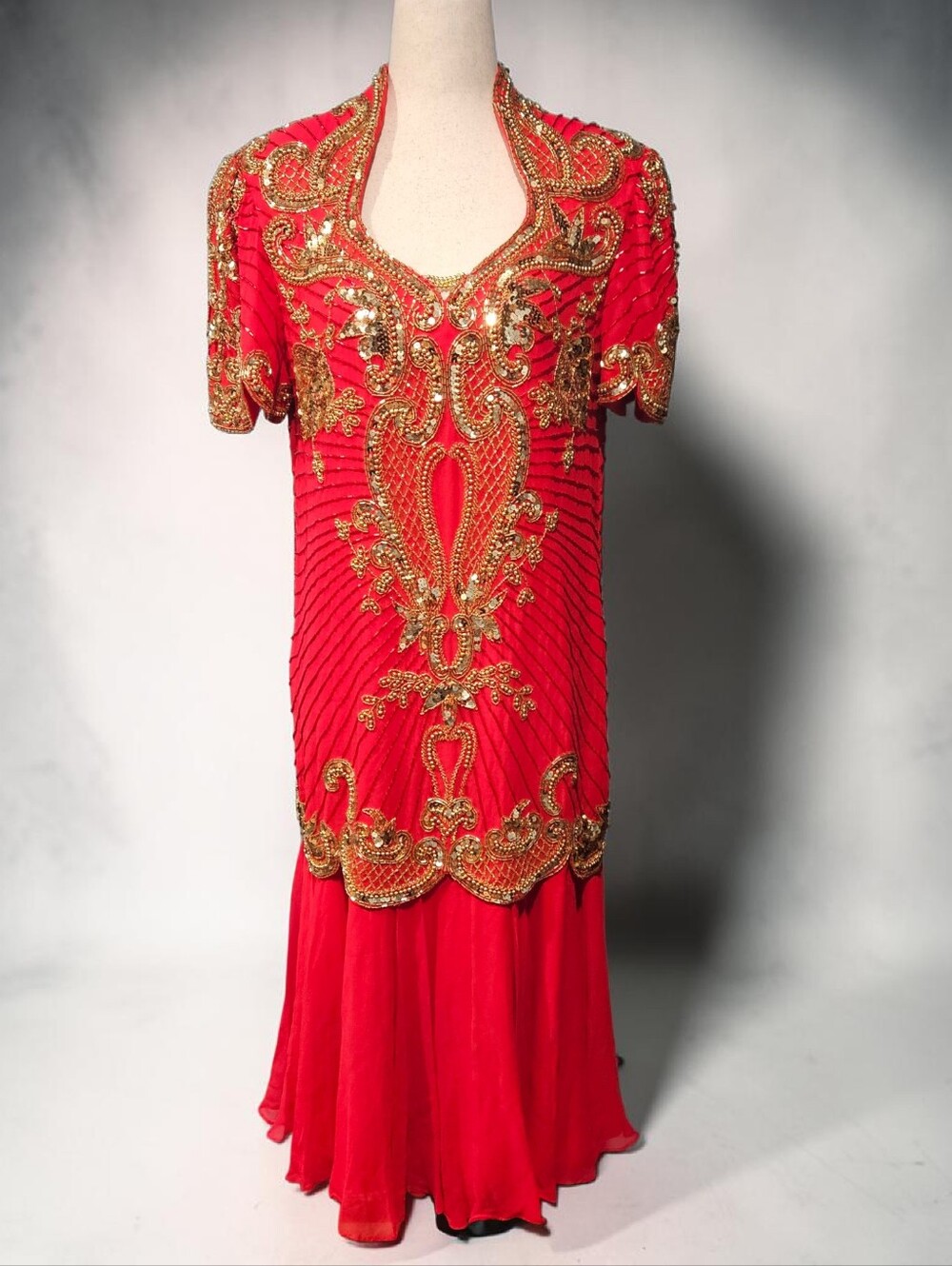 Vintage Embellished Red 100% Silk Evening Dress with Gold Beadwork